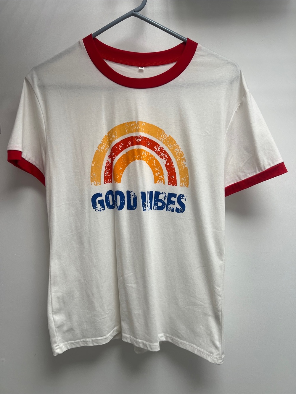 Source Unknown White Tee with Red Trim and Retro Rainbow GOOD VIBES Graphic